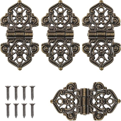 Decoratieve houten scharnieren set van 4 stuks met 28 schroeven voor kasten, deuren en boekenkasten - 2 x 1.5 cm