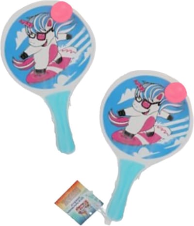 Houten beachball set lichtblauw met surfende eenhoorn print - Strand balletjes - Rackets/batjes en bal - Tennis ballenspel