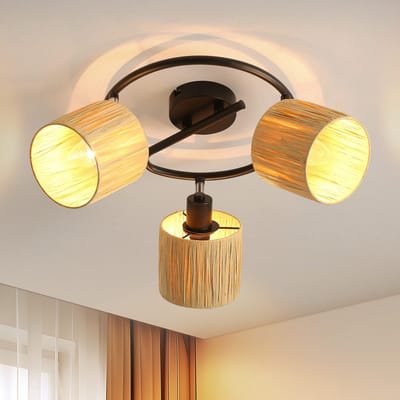 NETTLIFE Opbouwspot - E14 Fitting - 3-Lichts - Zwart - Natuurlijk Papier Design - rond - L 26cm - Vintage Hallamp - Plafondspot - voor Woonkamer | Slaafkamer | Gang | Keuken-excl. lichtbron