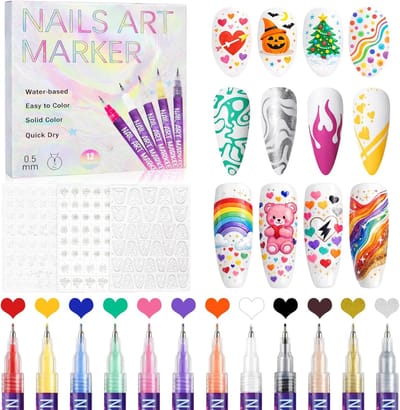 Nail Art Pennen - Manicure Teken Tools - Creatieve Nagels - Precisie 0.5mm Tip - 12 Kleuren Set - Veelkleurig