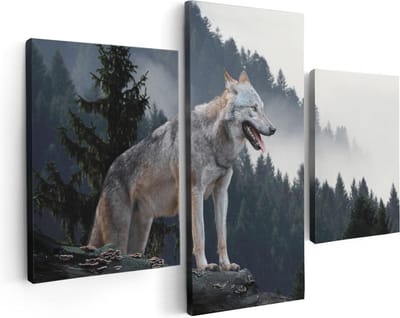 Artaza Canvas Schilderij Drieluik Grijze Wolf In De Bossen  - 90x60 - Foto Op Canvas - Canvas Print