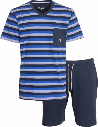 MEQ Heren Shortama - Pyjama Set - V Hals - Borstzakje - Blauw - Maat S