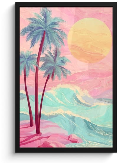 Poster in lijst - Fotolijst 40x60 cm - Posters - Palmbomen - Golven - Zee - Posterlijst zwart - Decoratie - Wanddecoratie woonkamer - Muurdecoratie slaapkamer