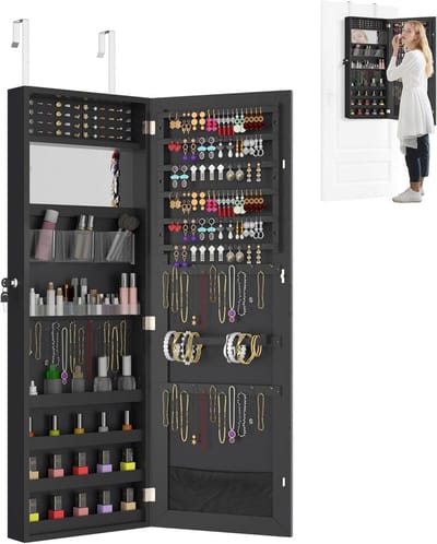 Juwelenkast - Spiegelkast - Sieraden Opbergen - Volledige Lichaamspiegel - 107.5 cm Hoog - Zwart