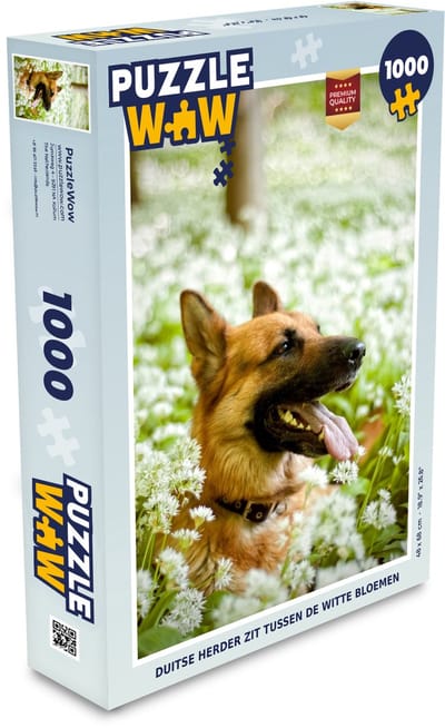 Puzzel Duitse Herder zit tussen de witte bloemen - Legpuzzel - Puzzel 1000 stukjes volwassenen
