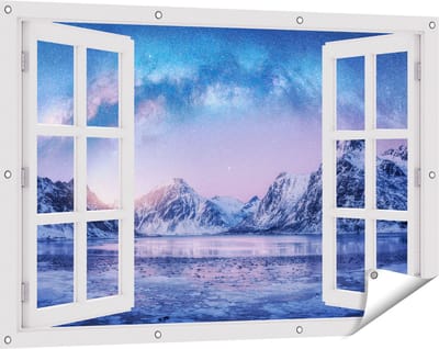 Gards Tuinposter Doorkijk Melkweg bij de Besneeuwde bergen - 120x80 cm - Tuindoek - Tuindecoratie - Wanddecoratie buiten - Tuinschilderij