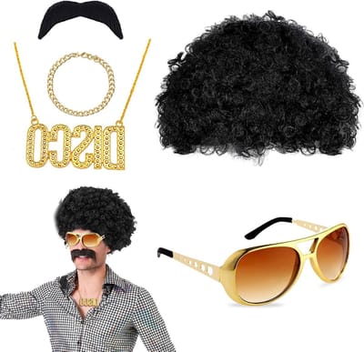 5-delig Disco Hippie Kostuum met Funky Afro Peruk, Hippie Accessoires en Retro Outfit voor 60s, 70s en 80s Feestjes