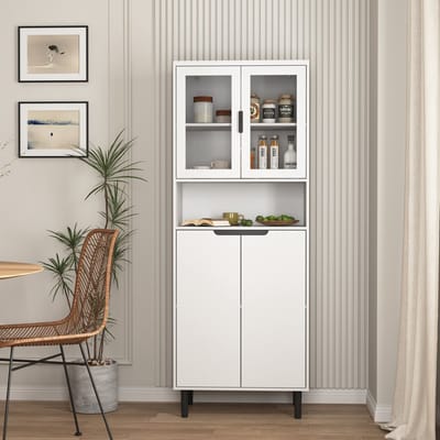 MEUNIQ Hoge boekenkast 60 x 35 x 160 cm met 4 deuren, glazen vitrinedeuren, verstelbare plank en open vak, opbergkast voor woonkamer, slaapkamer of kantoor, wit
