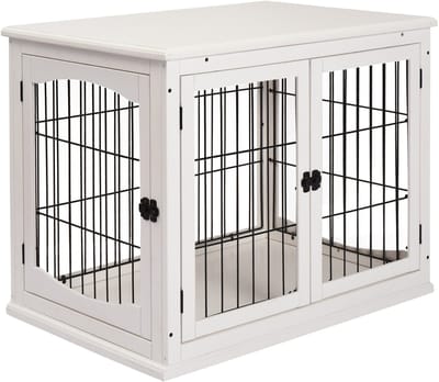 Hondenbench - Hondenhok Binnen - Transportbox Hond - Hondenkooi - MDF En Metaal - 2 Deuren - Verhoogd - Ventilatie - Woonkamer - 81x58,5x66 cm - Tot 20 kg - Wit