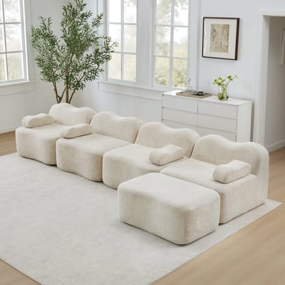 DESMIU Hoekbank 384 x 167 x 70 cm - Modulaire 4-Zits Met Hocker En 32D Schuim - Voor Woonkamer En Appartement - Fluweel Beige