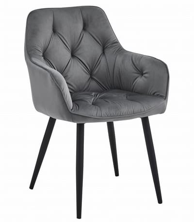 Stoel JORK - Donkergrijs Velvet - Zwarte Metaalpoten - Luxe Eetkamerstoel - Fauteuil - Met Armleuning - Modern Design - Elegant en Comfortabel voor Woonkamer, Keuken of Eetkamer - Max. 110 kg
