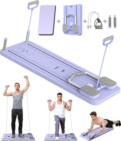Opvouwbare Pilates Reformer Bank met Trainingswielen en Elastieken voor Thuisgebruik