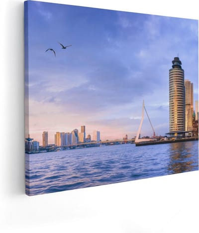 Artaza Canvas Schilderij Skyline - 50x40 cm - Wanddecoratie Rotterdam - Muurdecoratie Zonsondergang - Kamer Accessoires Stad