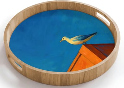 Dienblad rond 40x40 cm - Schootdienblad hout - Meeuw - Gebouw - Lucht - Geschilderd - Borrelplank rechthoek - Plateau houten dienbladen