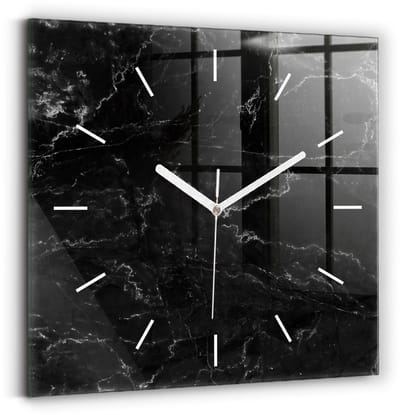 Wallfluent Wandklok - Zwart marmer Klok met Afbeelding - 30 cm x 30 cm - Zwart Wandklok - Witte Handen - Wandklok Zonder Cijfers - Wandklok voor in de Keuken - Vierkante Glazen Wandklok - Industrieel Wandklok - Unieke Wandklok