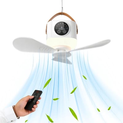 LISM-Camping plafondventilator met verlichting, tent plafondventilator, afstandsbediening, mini plafondventilator, tent plafondventilator, plafondventilator met verlichting, oplaadbare campingventilator - wit