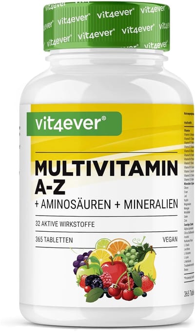 Multivitamine A-Z - 365 tabletten (12 maanden) - 32 actieve bestanddelen - Combinatie van mineralen + aminozuren + sporenelementen + plantenextracten - Veganistisch - Hoog gedoseerd – Vit4ever