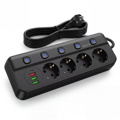 Oneproduct Stekkerdoos Zwart - Stekkerblok Met USB C - 4 Stopcontacten - 4 USB Poorten - Met Schakelaar - 2 Meter Snoer