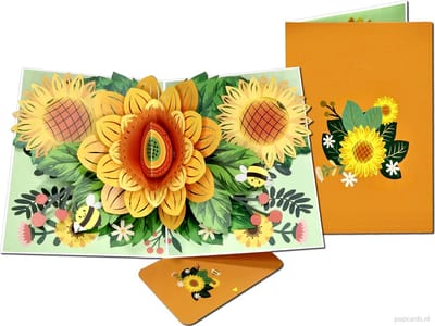 Popcards pop-up kaart – Modern gestyleerde Zonnebloem pop-up kaart met grappige bijtjes van Gogh Zon Gele Bloemen 3D kaart wenskaart