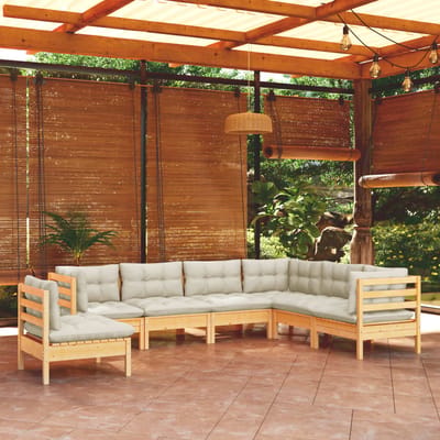 vidaXL - 7-delige - Loungeset - met - crèmekleurige - kussens - massief - grenenhout