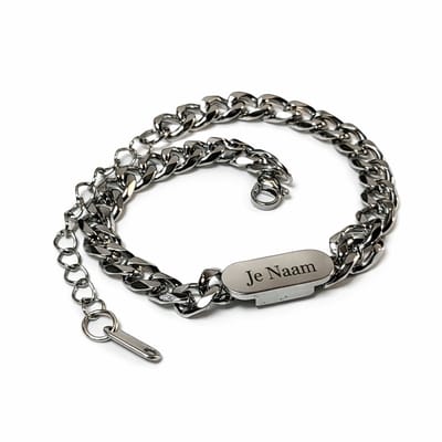 Armband met graveer, Armband met naam, Gepersonaliseerde schakelarmband met ovale naamgravure - zilverkleurig, Armband met naamplaatje ,graveerarmband