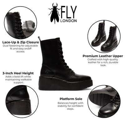 Fly London Dames Zwarte HAIT273 Leren Veterschoenen met Dikke Plateauzool