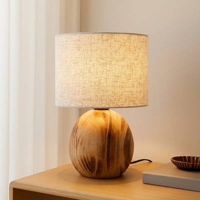 Lindby - Tafellamp - 1licht - Hout, textiel - H: 31 cm - E27 - Licht hout, lichtgrijs