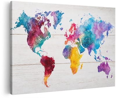 Artaza Canvas Schilderij Wereldkaart Aquarel - Multikleur Op Witte Achtergrond - 30x20 cm - Klein - Wanddecoratie Woonkamer - Schilderijen - Muurdecoratie