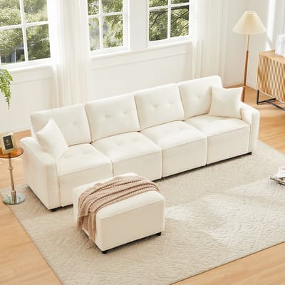 4-Zits Bank, Rechte Corduroy Bank voor 4 Personen met Opbergruimte onder de Zittingen, Inclusief een vrij Verplaatsbare Voetenbank. Kleur: Beige, Afmetingen: B280 x D146 x H85 cm