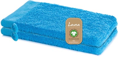 Lavea® 2 Washandjes 16 x 22 cm van 100% biologisch katoenen badstof, zacht en absorberend, voor thuis, hotel en spa – met ophanglus – Lichtblauw