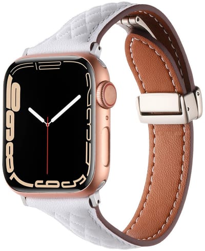 Leren bandje - geschikt voor Apple Watch series 1/2/3/4/5/6/7/8/9/10/11/ SE (1,2,3) / Ultra (1,2,3) met maat 44 mm / 45 mm / 46 mm / 49 mm - magneet sluiting met ruit patroon - wit