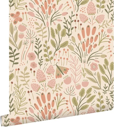 ESTAhome behang bladeren en bloemen olijfgroen en terracotta - 50 x 900 cm - 131390