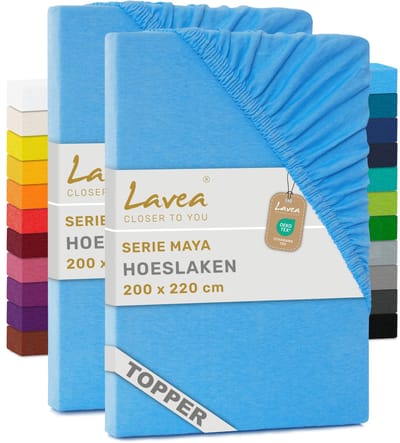 Lavea® Set van 2 Hoeslakens voor Topper 200x220 cm – 100% Katoen Jersey – voor Topper tot 10 cm – met Elastiek rondom – Hemelsblauw