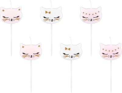 PARTYDECO - 6 witte en roze katten verjaardagskaarsjes