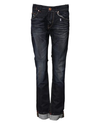 Acht Blauwe Gewassen Katoenen Midden Taille Wijde Denim Jeans