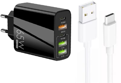 65W 5-Poorts USB Lader met Dual USB-C PD + 3X USB-A - Inclusief 1 meter 3A USB naar 8-Pin Kabel - Snellader - zwart