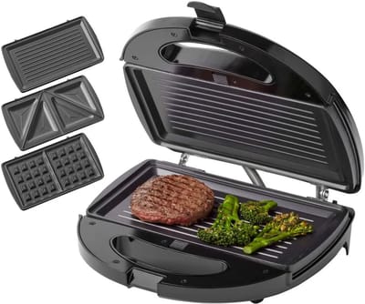 Multigrill - 3-in-1 grill - Lekker eten maken - 3 verwisselbare platen - 24 x 24 x 10 cm - Zwart