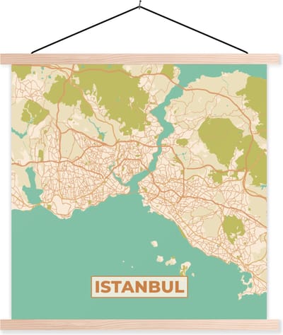 Posterhanger incl. Poster 40x40 cm - Schoolplaat - Kaart - Istanbul - Plattegrond - Stadskaart - Vintage - Textielposter - Blanke latten - Stadskaart