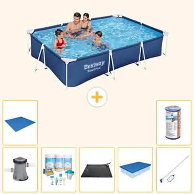 Bestway Rechthoekig Steel Pro Zwembad - 300 x 201 x 66 cm - Blauw - Inclusief Pomp - Onderhoudspakket - Solar Mat - Afdekzeil - Schoonmaakset - Grondzeil - Filter - 8-delig