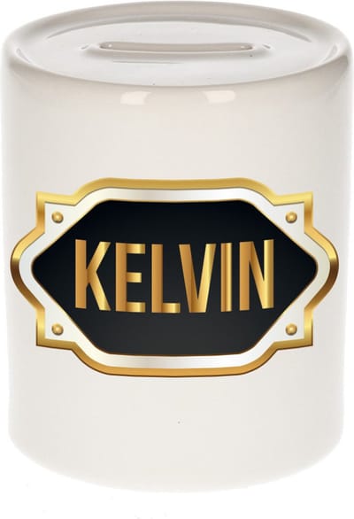Spaarpot met voornaam Kelvin - wit - met goud/zwart embleem - 8 x 9 cm - keramiek - met afsluitdop - cadeau verjaardag