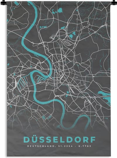 Wandkleed - Wanddoek - Duitsland – Blauw – Düsseldorf – Stadskaart – Kaart – Plattegrond - 120x180 cm - Wandtapijt