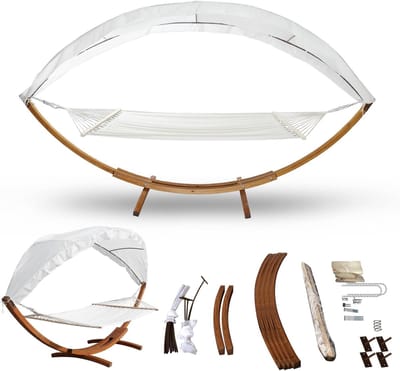 Hangmat met frame - Larikshouten hangmat - Ontspannen in de tuin - Inclusief zonnedak - Voor 2 personen - Wit