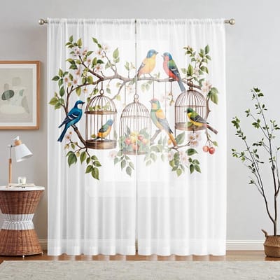 2 Stuks HD Digitaal Zeven Kleuren Vogel Bloem Figuur Bedrukt Raamvalletje Woondecoratie Stijl Decoratieve Woonkamer Slaapkamer R W52H63inchW132H160cm white