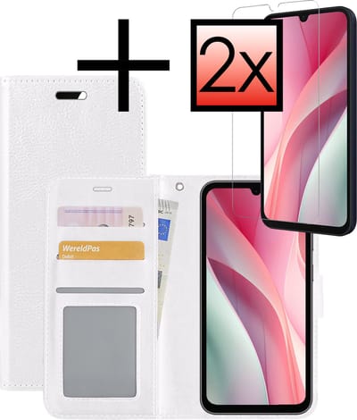 Hoesje - Met 2x Screenprotector - Geschikt voor Samsung Galaxy A15 - Luxe Pasjeshouder - Bookcase Portemonee - Flip Case - Kunstleer Book Case - Flipcase Hoes - Book Cover - Walletcase - Portemonneehoes - Wit