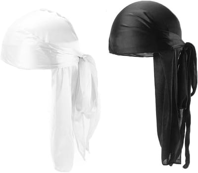Unisex Durag met Elastische Kap en Lange Tails, Ademend, 2-Pack Zwart en Wit voor Haarstijl en Bescherming