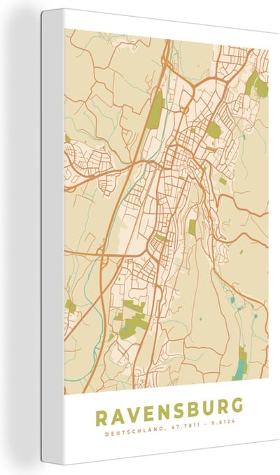 Canvas Schilderij Ravensburg - Stadskaart - Plattegrond - Vintage - Kaart - 20x30 cm - Wanddecoratie