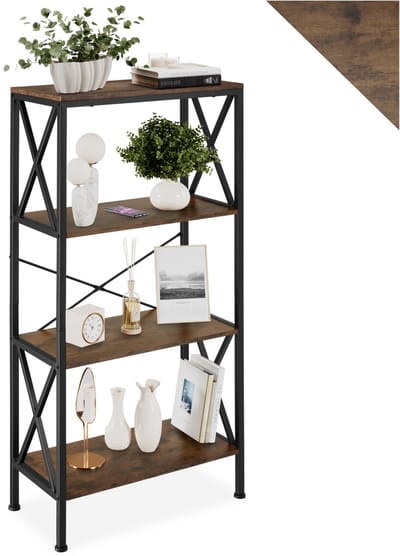 tectake® Kast met 4 Niveaus – Houten Staande Kast met Zijdelingse X-Beugels – 61,5 x 31,5 x 133,5 cm – Industriële Kast voor Woonkamer, Kantoor & Keuken – Zwart Metaal Frame - donkerbruin