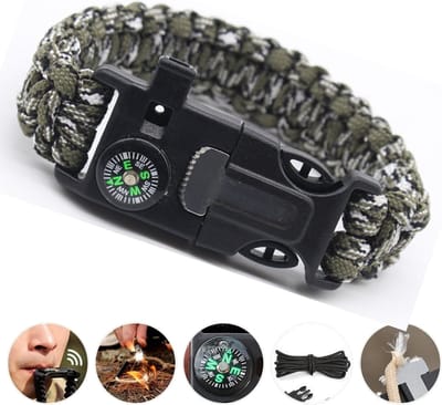 Outdoor survival Armband Legergroen/wit - 5 in 1 met Vuursteen (magnesium stick), Paracord, Kompas, Noodfluit en Schraper