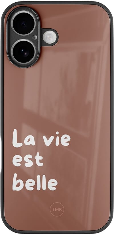 Hoesje geschikt voor Apple iPhone 16 - La vie est belle - Bruin - TPU luxe case (glossy toplaag) - Tekst - Hardcase backcover zwart