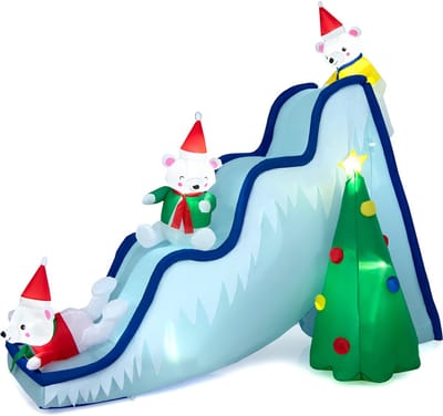 COSTWAY Opblaasbare kerstdecoratie voor buiten, 220 cm, led, kerstglijbaan, opblaasbare kerstdecoratie met ventilator, sneeuwglijbaan en kerstboom en 3 ijsberen